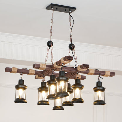 Elegant Vintage Wood and Glass Chandelier with Adjustable Height and L