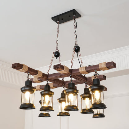 Elegant Vintage Wood and Glass Chandelier with Adjustable Height and L