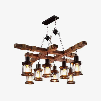 Elegant Vintage Wood and Glass Chandelier with Adjustable Height and L
