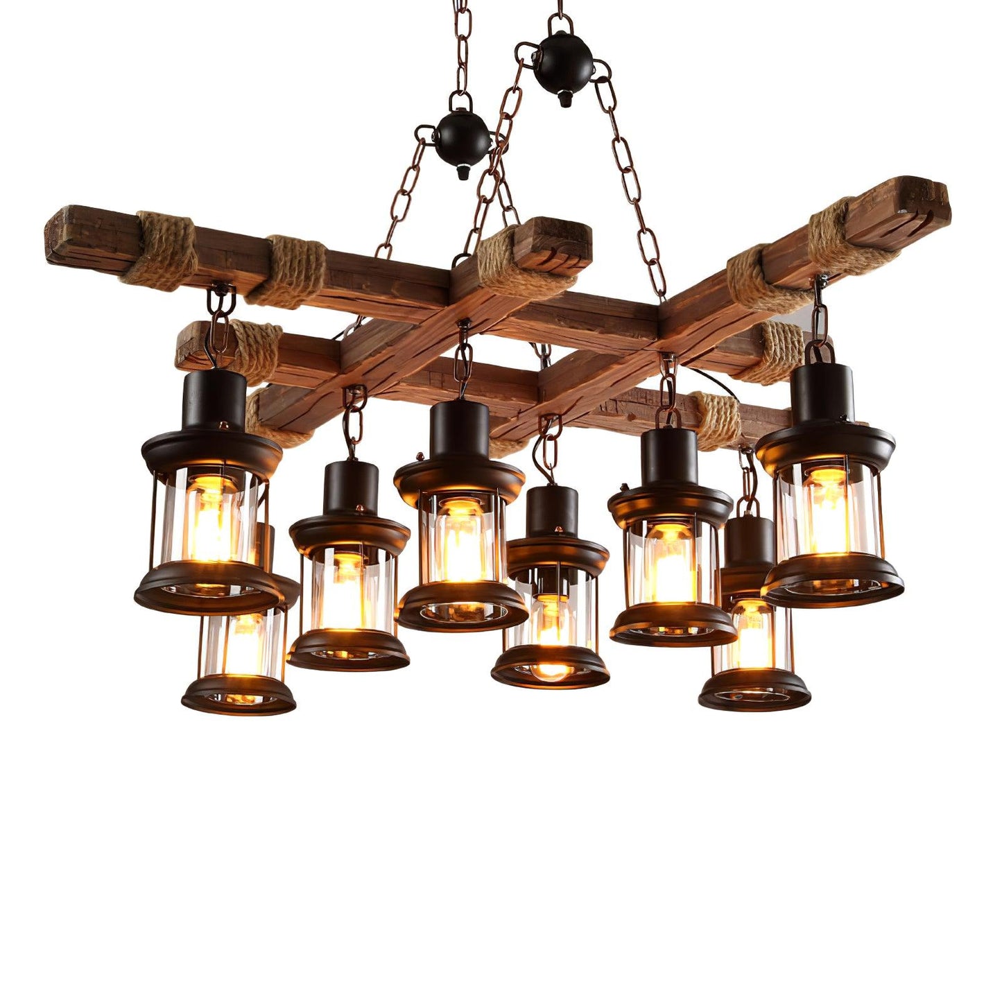 Elegant Vintage Wood and Glass Chandelier with Adjustable Height and L