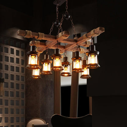 Elegant Vintage Wood and Glass Chandelier with Adjustable Height and L