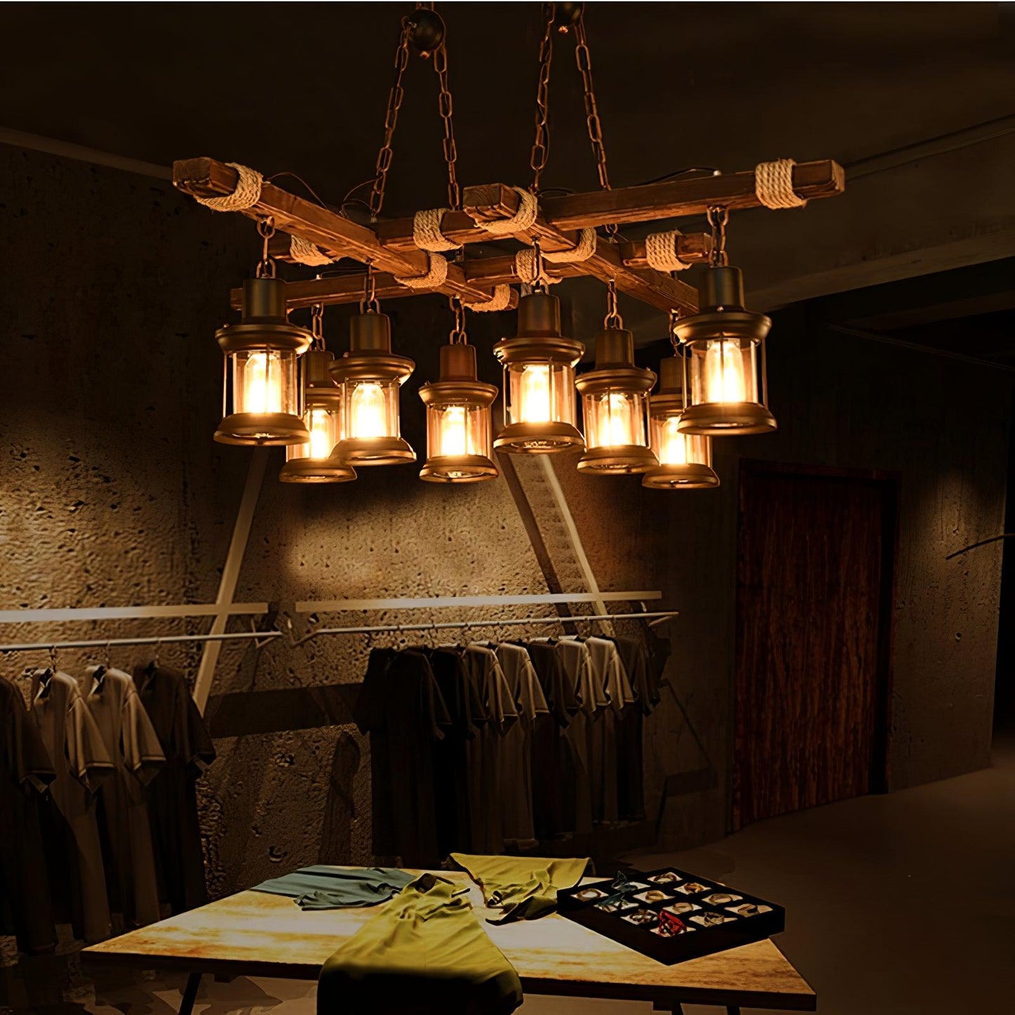 Elegant Vintage Wood and Glass Chandelier with Adjustable Height and L