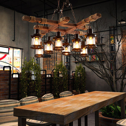 Elegant Vintage Wood and Glass Chandelier with Adjustable Height and L