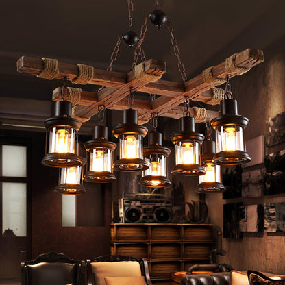 Elegant Vintage Wood and Glass Chandelier with Adjustable Height and L