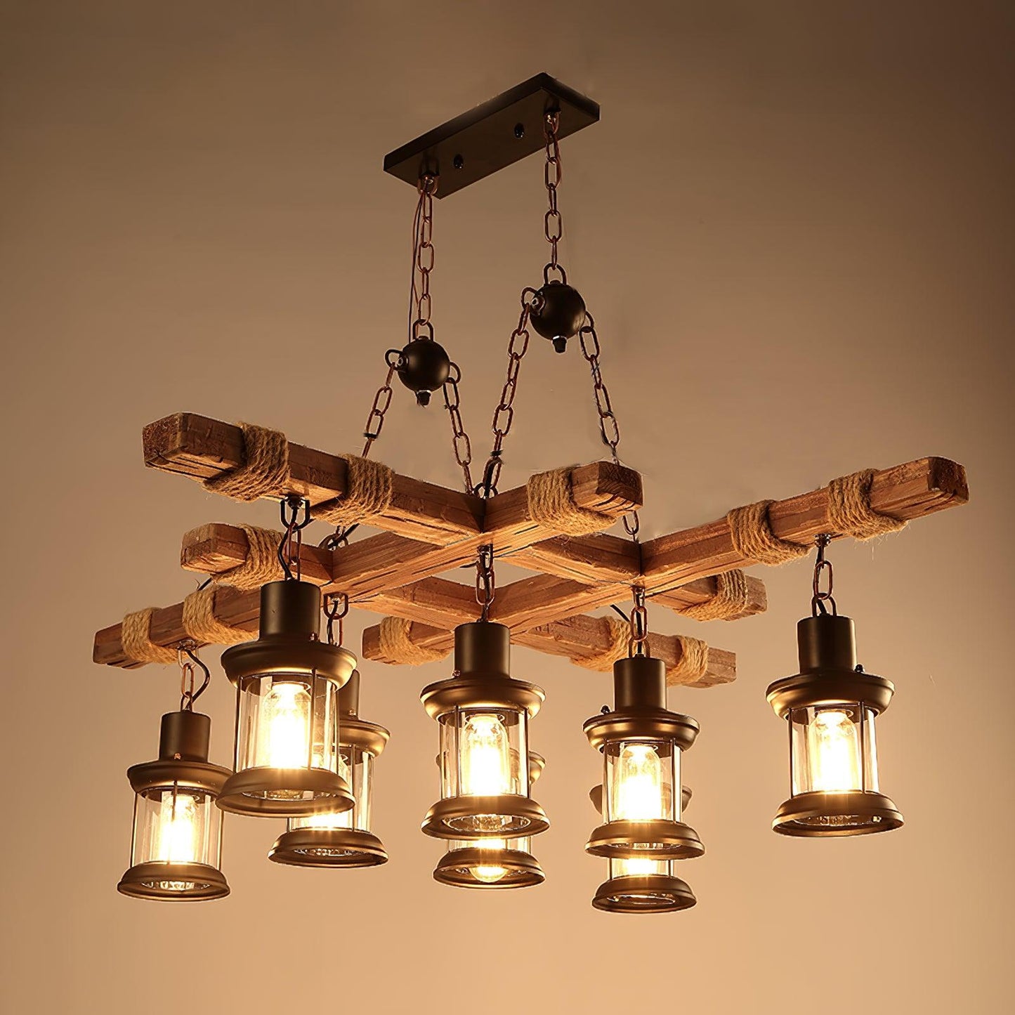 Elegant Vintage Wood and Glass Chandelier with Adjustable Height and L