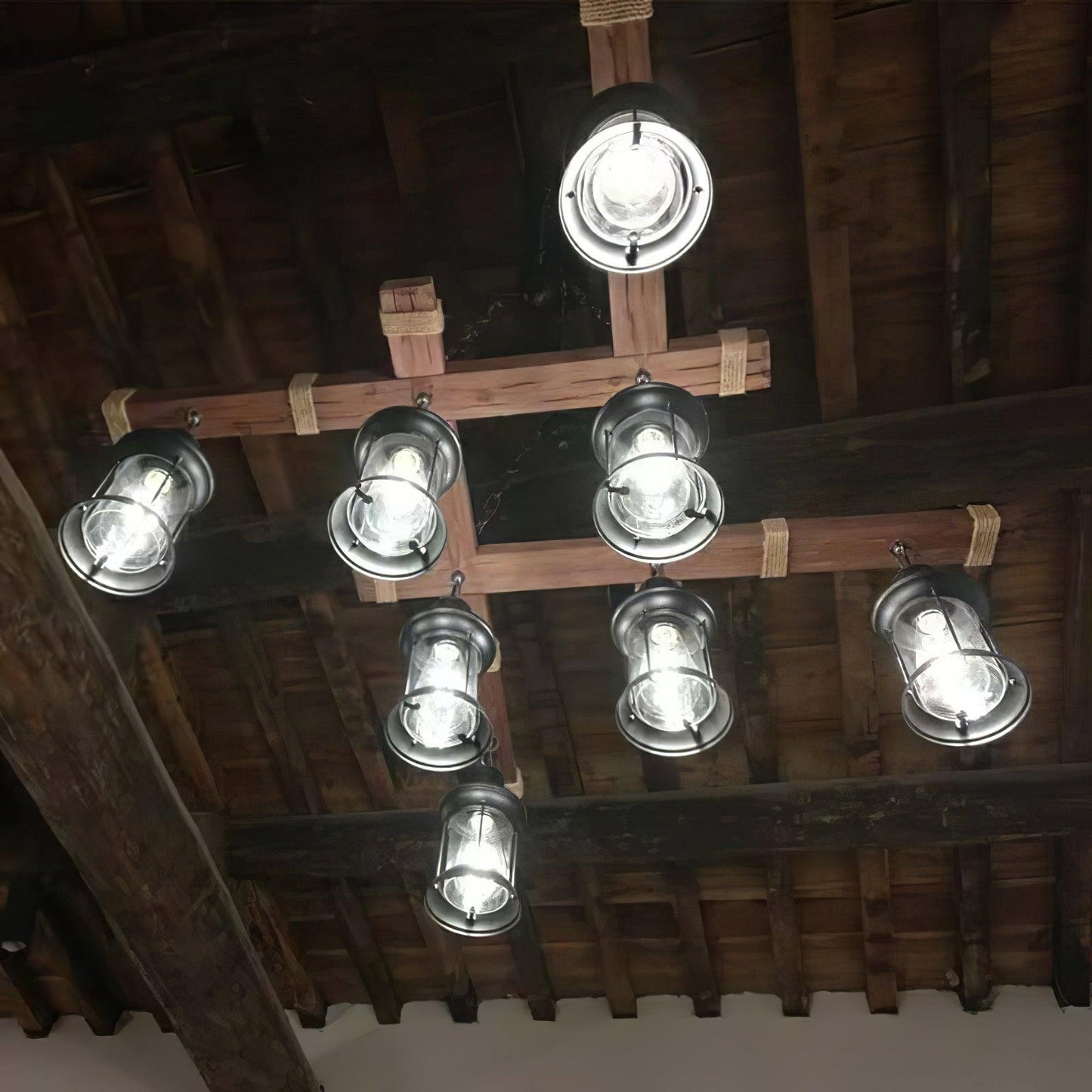 Elegant Vintage Wood and Glass Chandelier with Adjustable Height and L