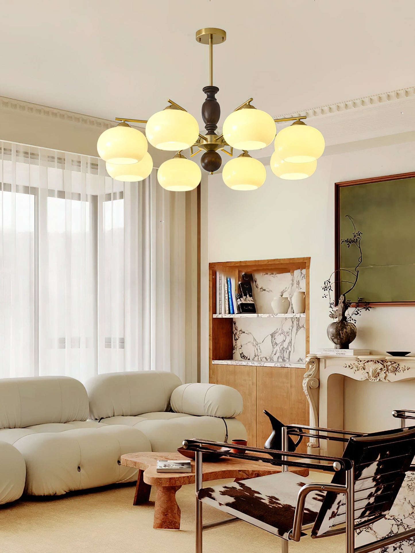 Walnut Beige Orb Chandelier - Elegant Design with Adjustable Height &