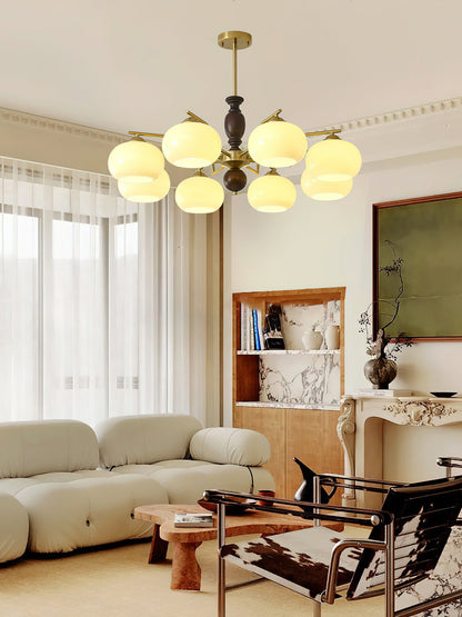 Walnut Beige Orb Chandelier - Elegant Design with Adjustable Height &