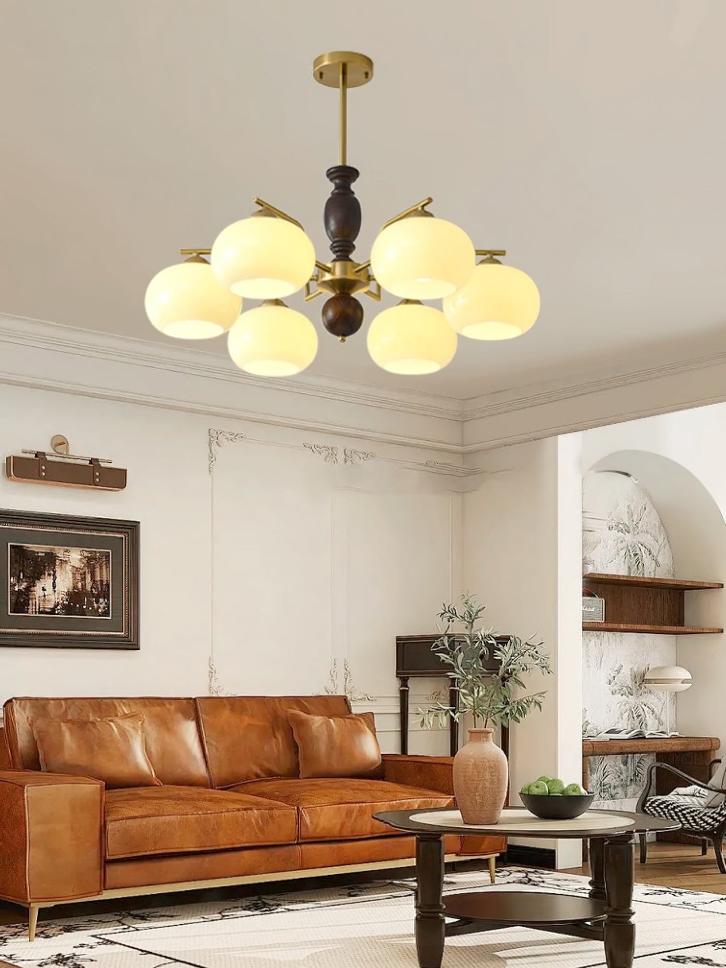Walnut Beige Orb Chandelier - Elegant Design with Adjustable Height &
