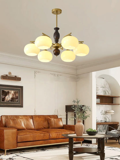 Walnut Beige Orb Chandelier - Elegant Design with Adjustable Height &