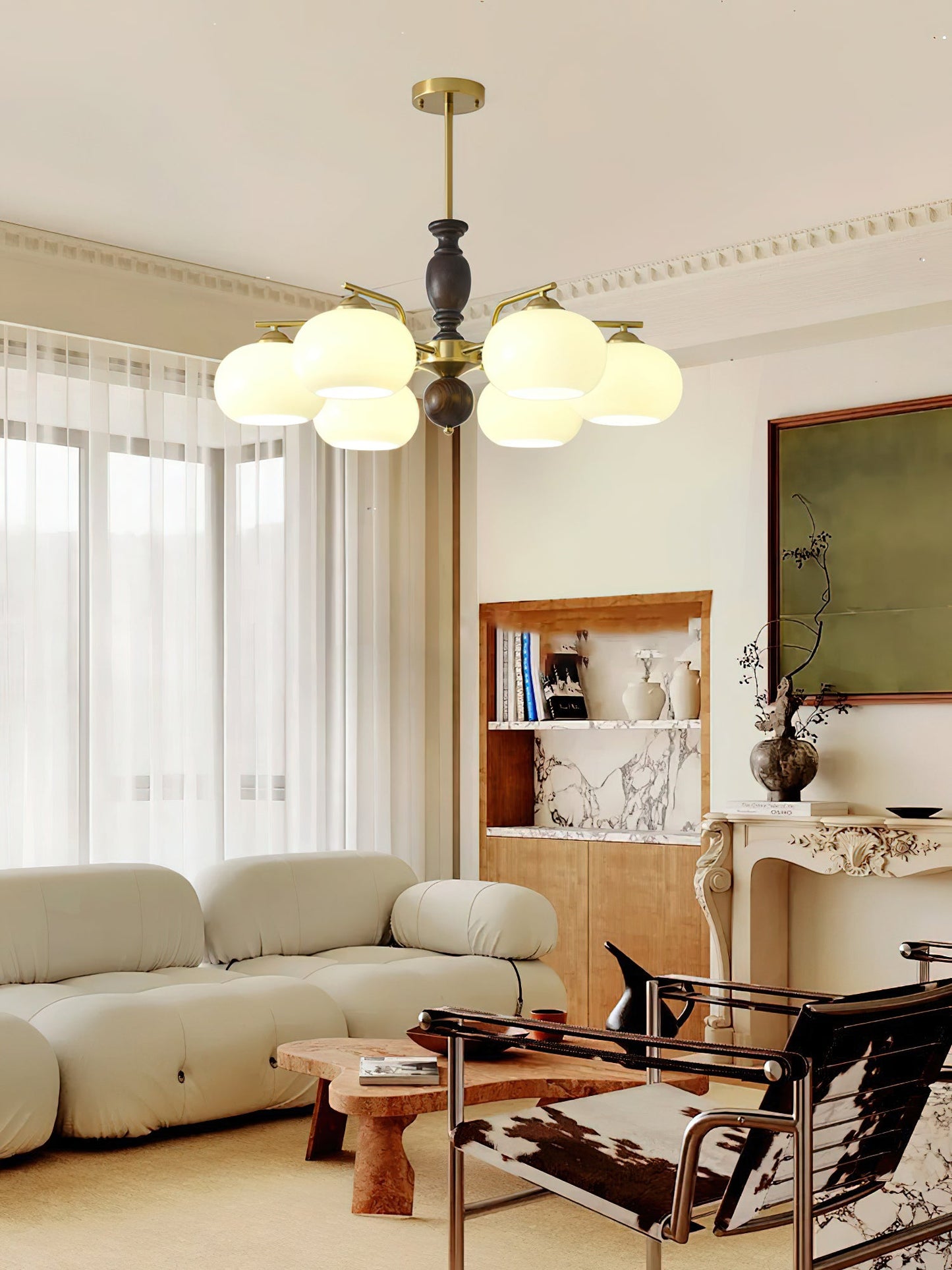 Walnut Beige Orb Chandelier - Elegant Design with Adjustable Height &