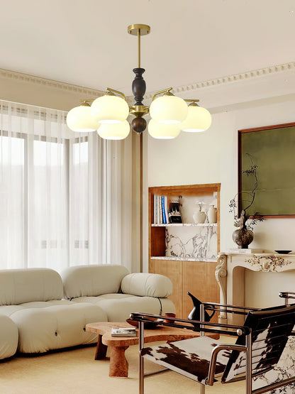Walnut Beige Orb Chandelier - Elegant Design with Adjustable Height &