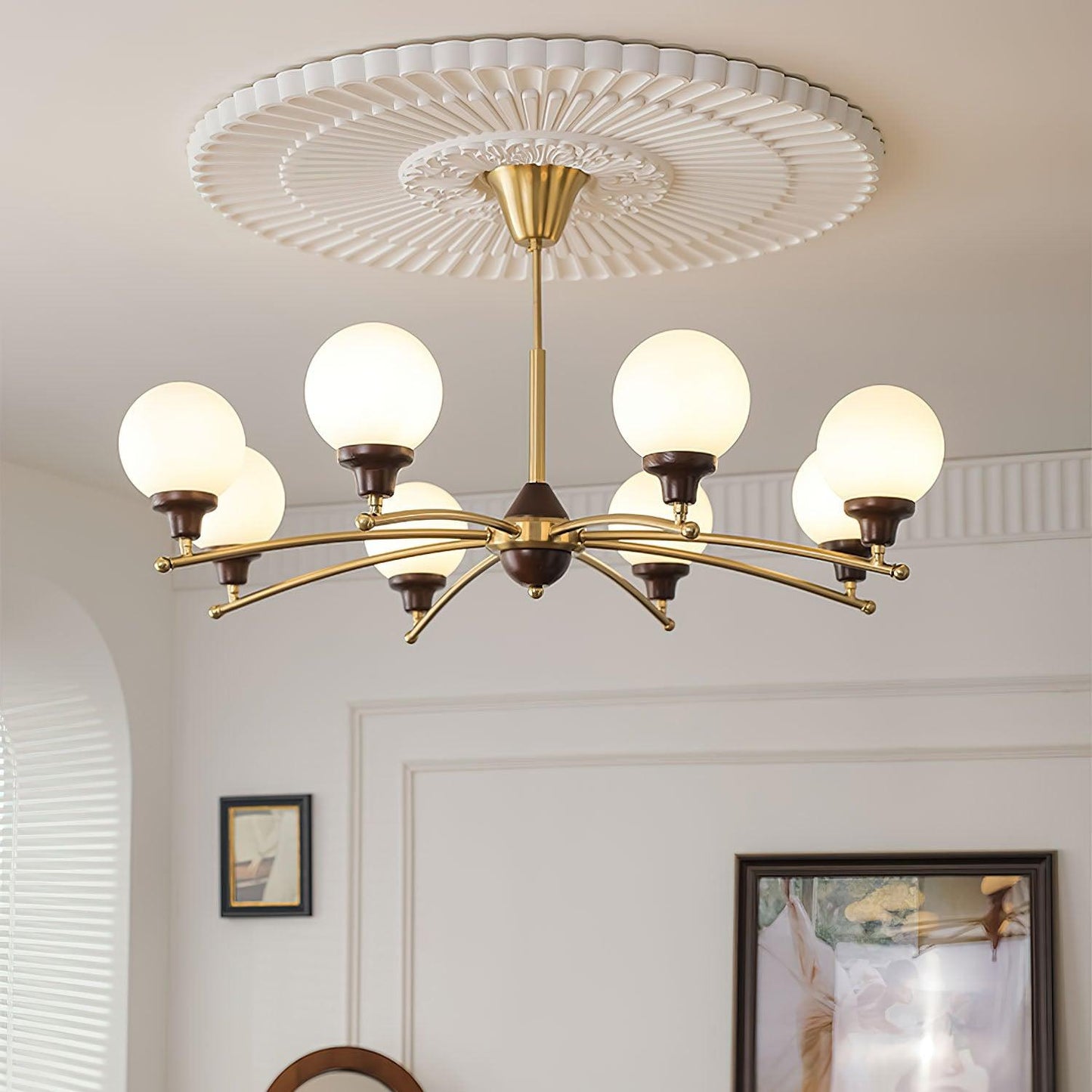Elegant Walnut Glass Ball Chandelier with Adjustable Height & LED Comp