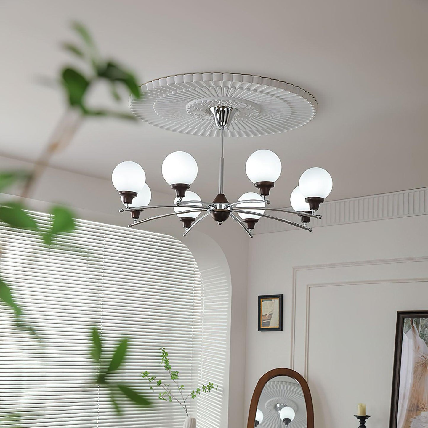 Elegant Walnut Glass Ball Chandelier with Adjustable Height & LED Comp