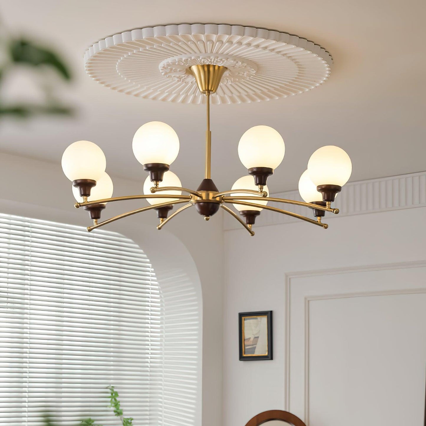 Elegant Walnut Glass Ball Chandelier with Adjustable Height & LED Comp