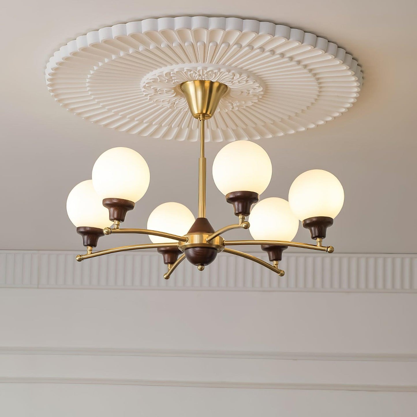 Elegant Walnut Glass Ball Chandelier with Adjustable Height & LED Comp