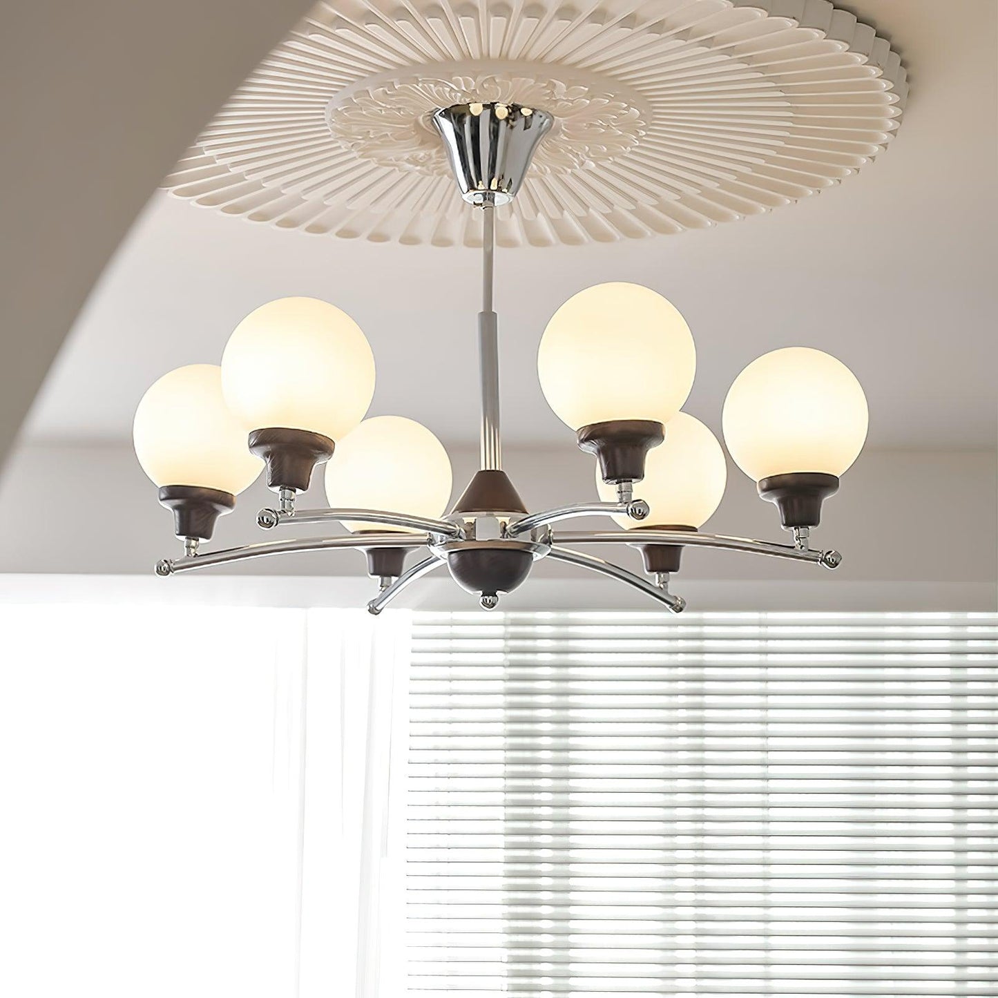 Elegant Walnut Glass Ball Chandelier with Adjustable Height & LED Comp