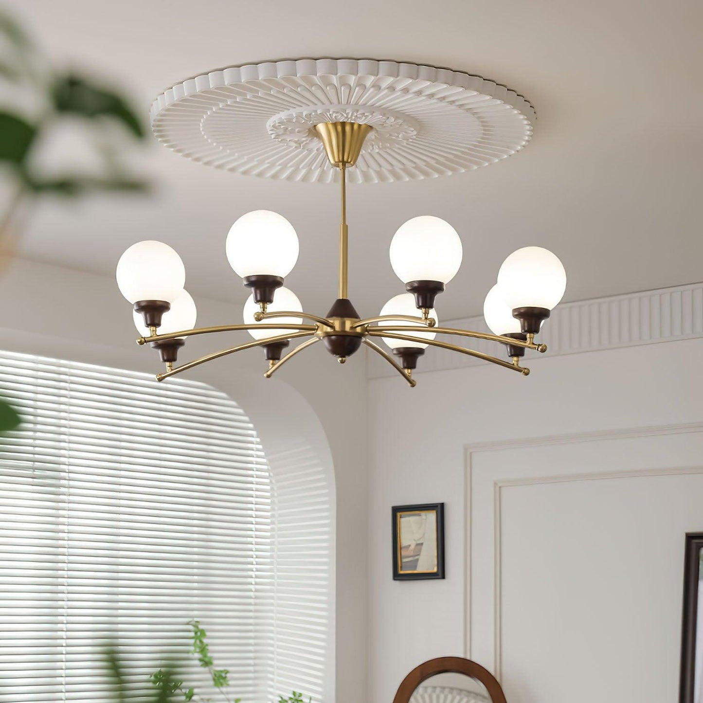 Elegant Walnut Glass Ball Chandelier with Adjustable Height & LED Comp