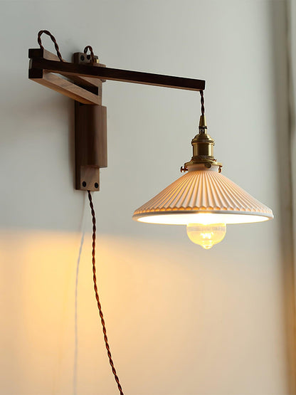 Walnut Swing Arm Wall Lamp - Adjustable Brightness, Vintage Design