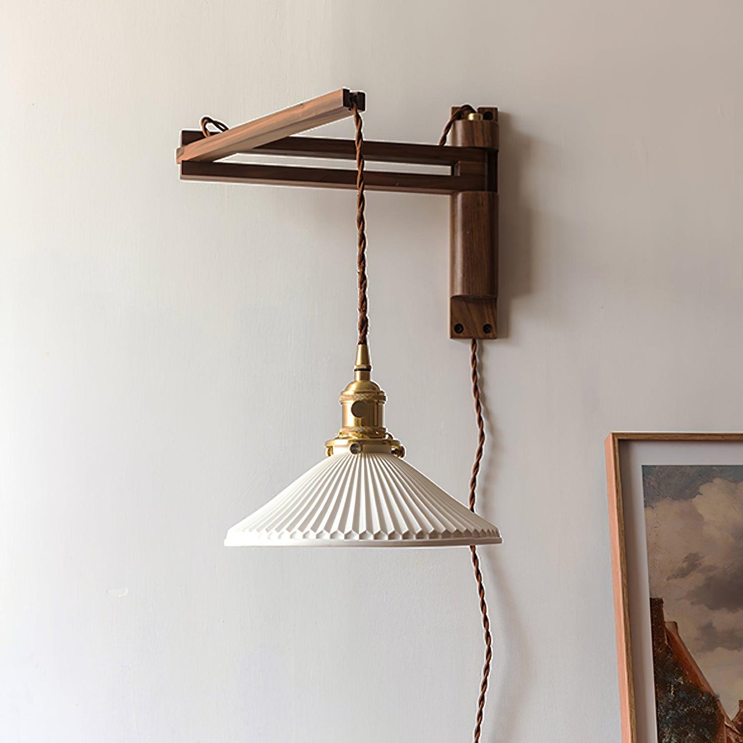Walnut Swing Arm Wall Lamp - Adjustable Brightness, Vintage Design
