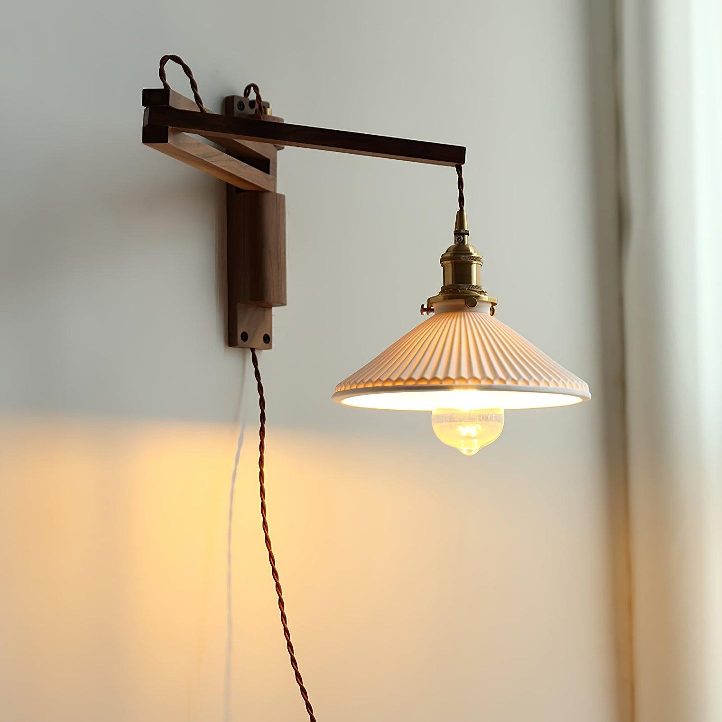 Walnut Swing Arm Wall Lamp - Adjustable Brightness, Vintage Design