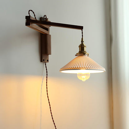 Walnut Swing Arm Wall Lamp - Adjustable Brightness, Vintage Design