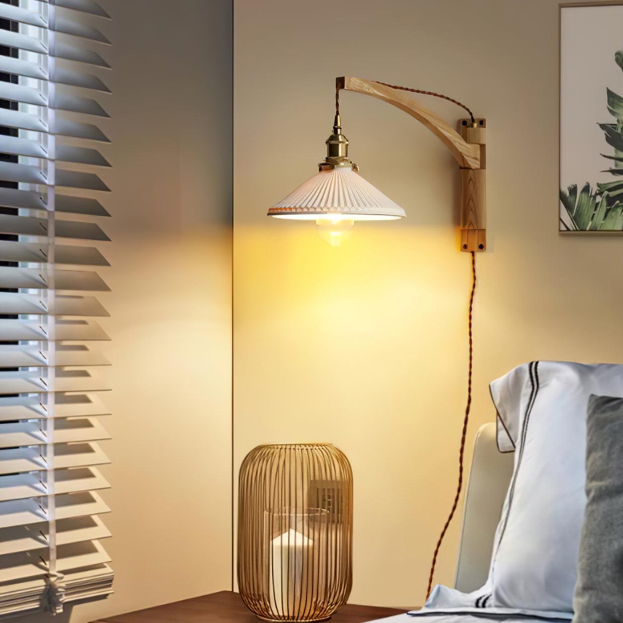 Walnut Swing Arm Wall Lamp - Adjustable Brightness, Vintage Design
