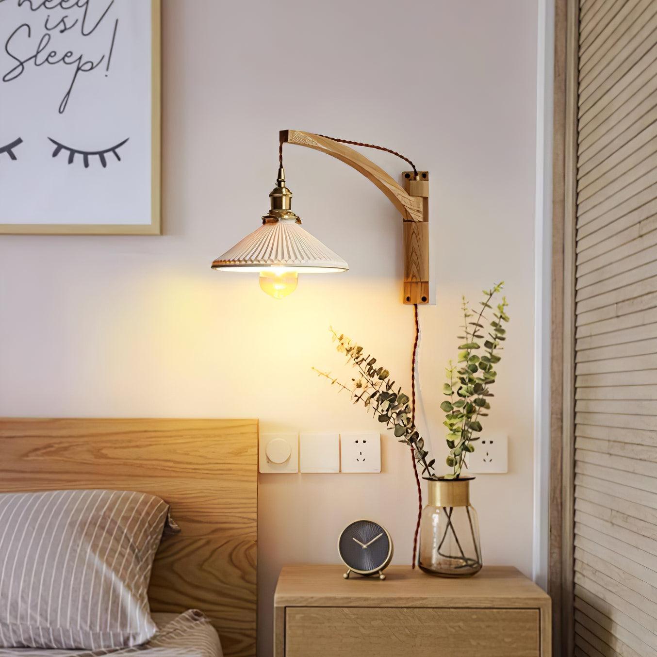 Walnut Swing Arm Wall Lamp - Adjustable Brightness, Vintage Design