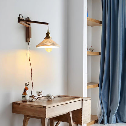 Walnut Swing Arm Wall Lamp - Adjustable Brightness, Vintage Design