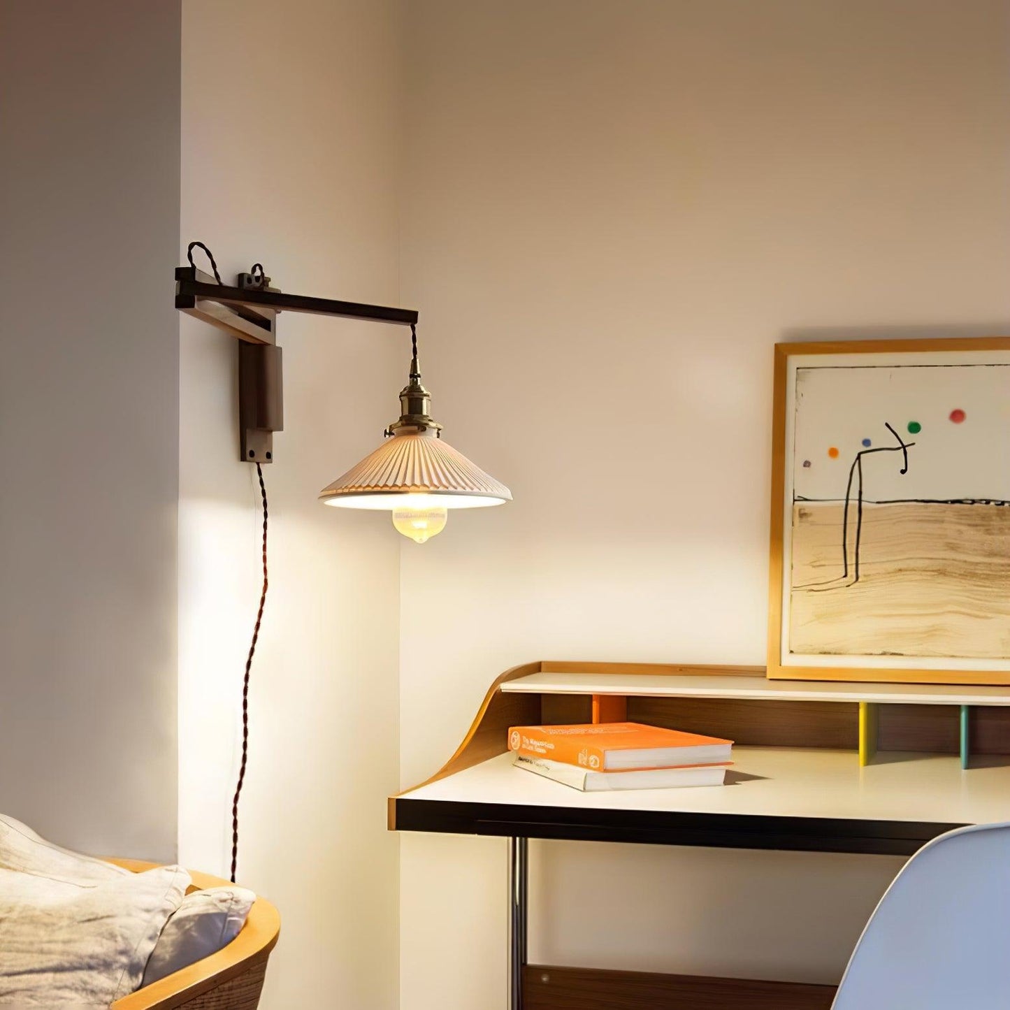 Walnut Swing Arm Wall Lamp - Adjustable Brightness, Vintage Design