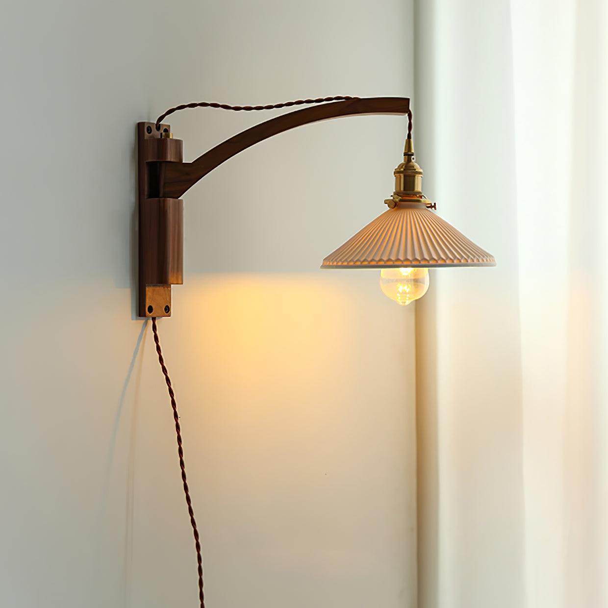 Walnut Swing Arm Wall Lamp - Adjustable Brightness, Vintage Design