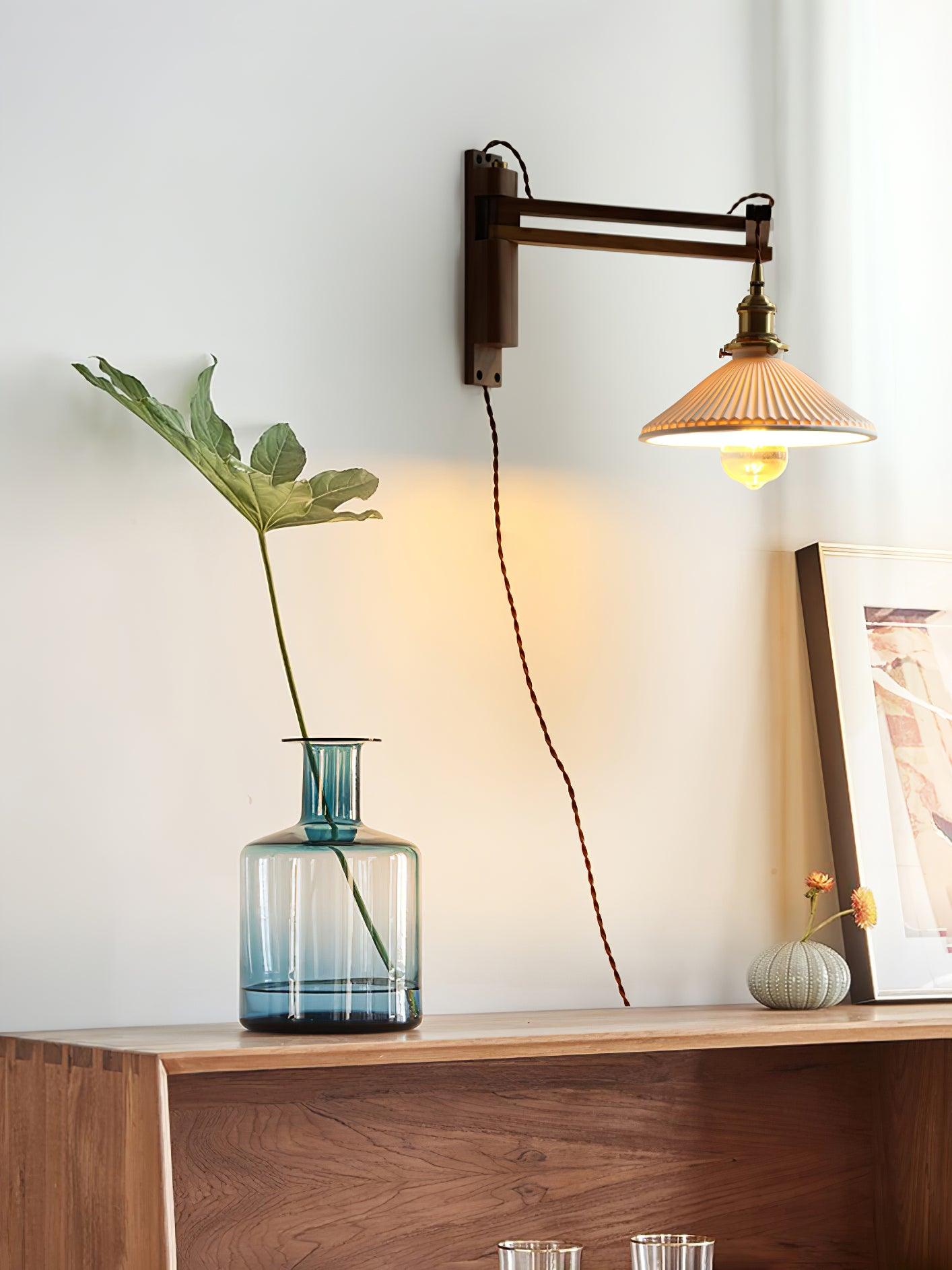 Walnut Swing Arm Wall Lamp - Adjustable Brightness, Vintage Design