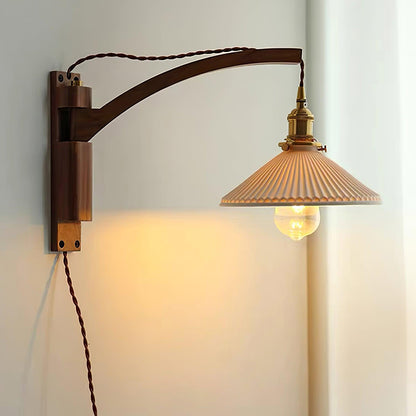 Walnut Swing Arm Wall Lamp - Adjustable Brightness, Vintage Design