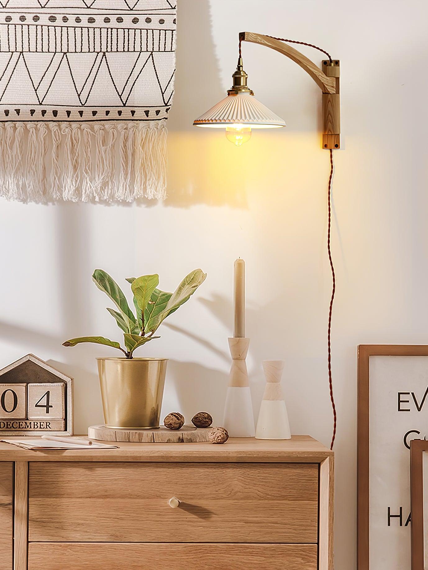 Walnut Swing Arm Wall Lamp - Adjustable Brightness, Vintage Design