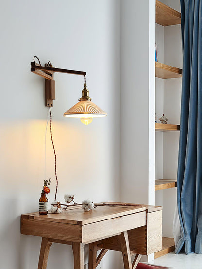 Walnut Swing Arm Wall Lamp - Adjustable Brightness, Vintage Design