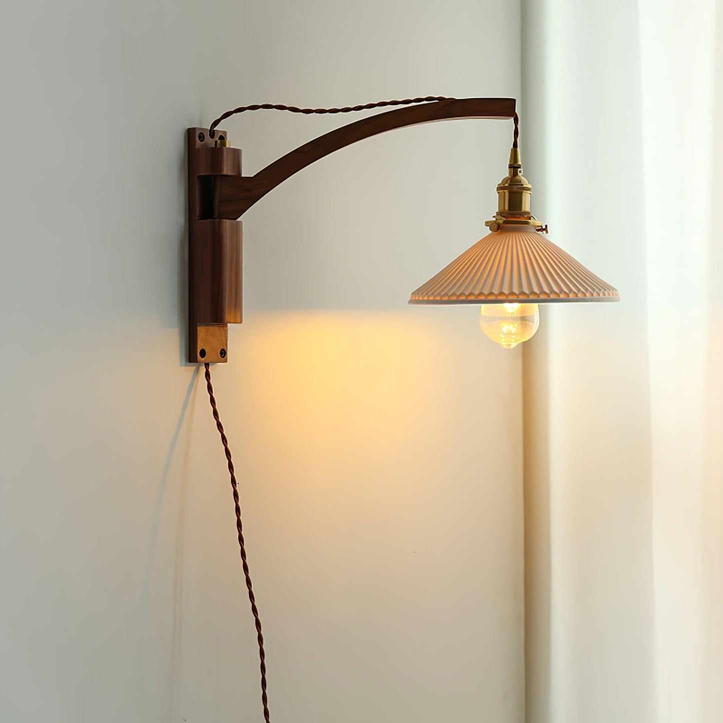 Walnut Swing Arm Wall Lamp - Adjustable Brightness, Vintage Design