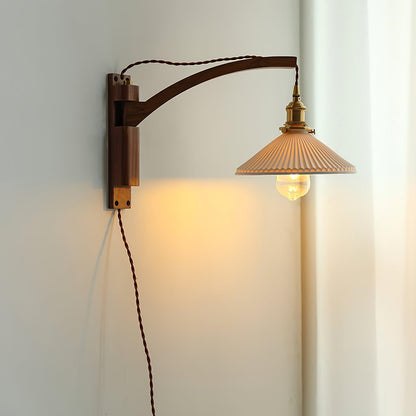 Walnut Swing Arm Wall Lamp - Adjustable Brightness, Vintage Design