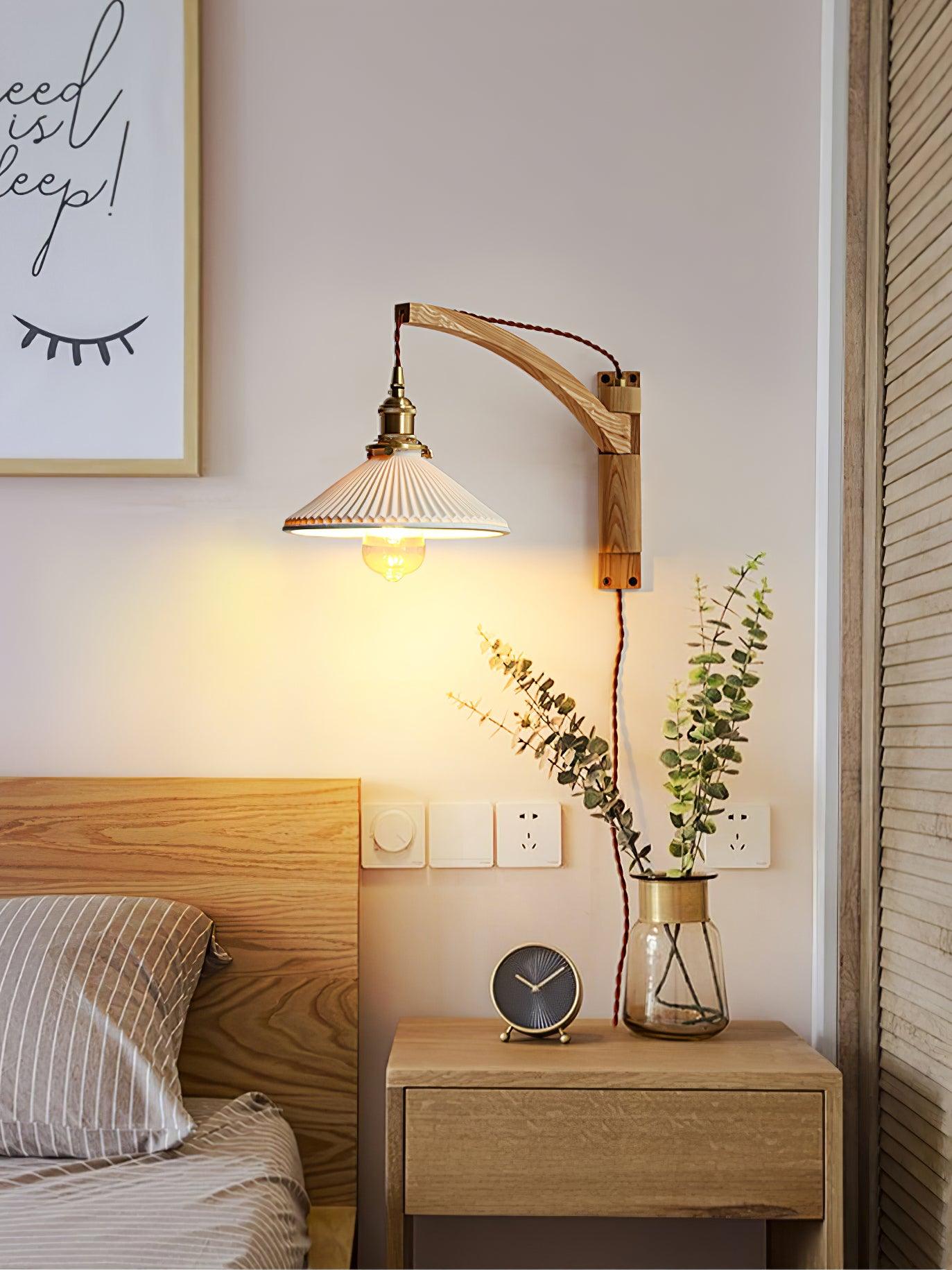 Walnut Swing Arm Wall Lamp - Adjustable Brightness, Vintage Design