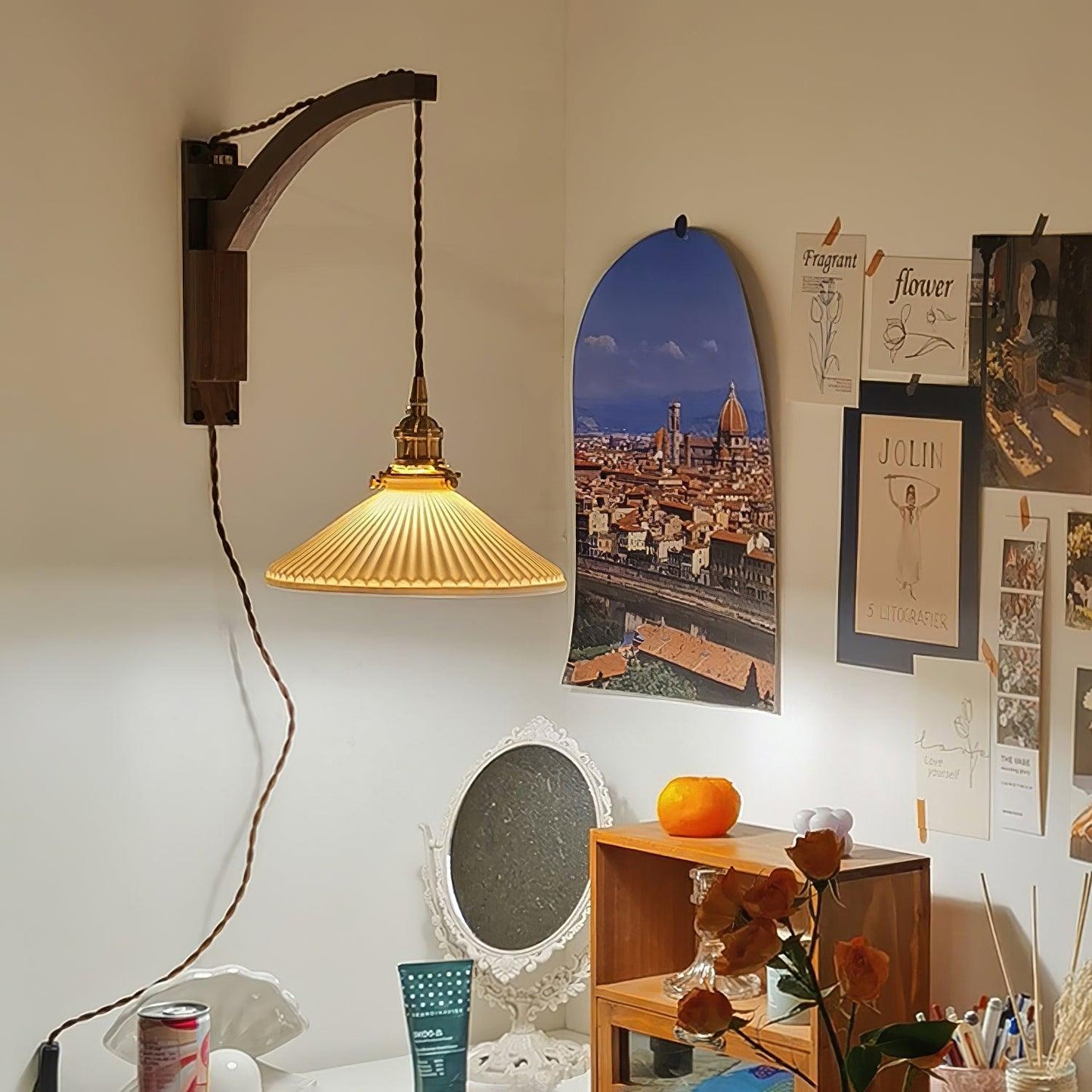 Walnut Swing Arm Wall Lamp - Adjustable Brightness, Vintage Design