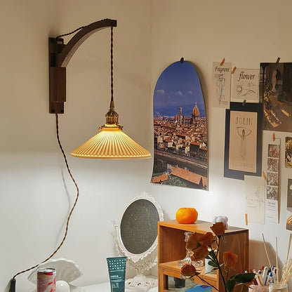 Walnut Swing Arm Wall Lamp - Adjustable Brightness, Vintage Design