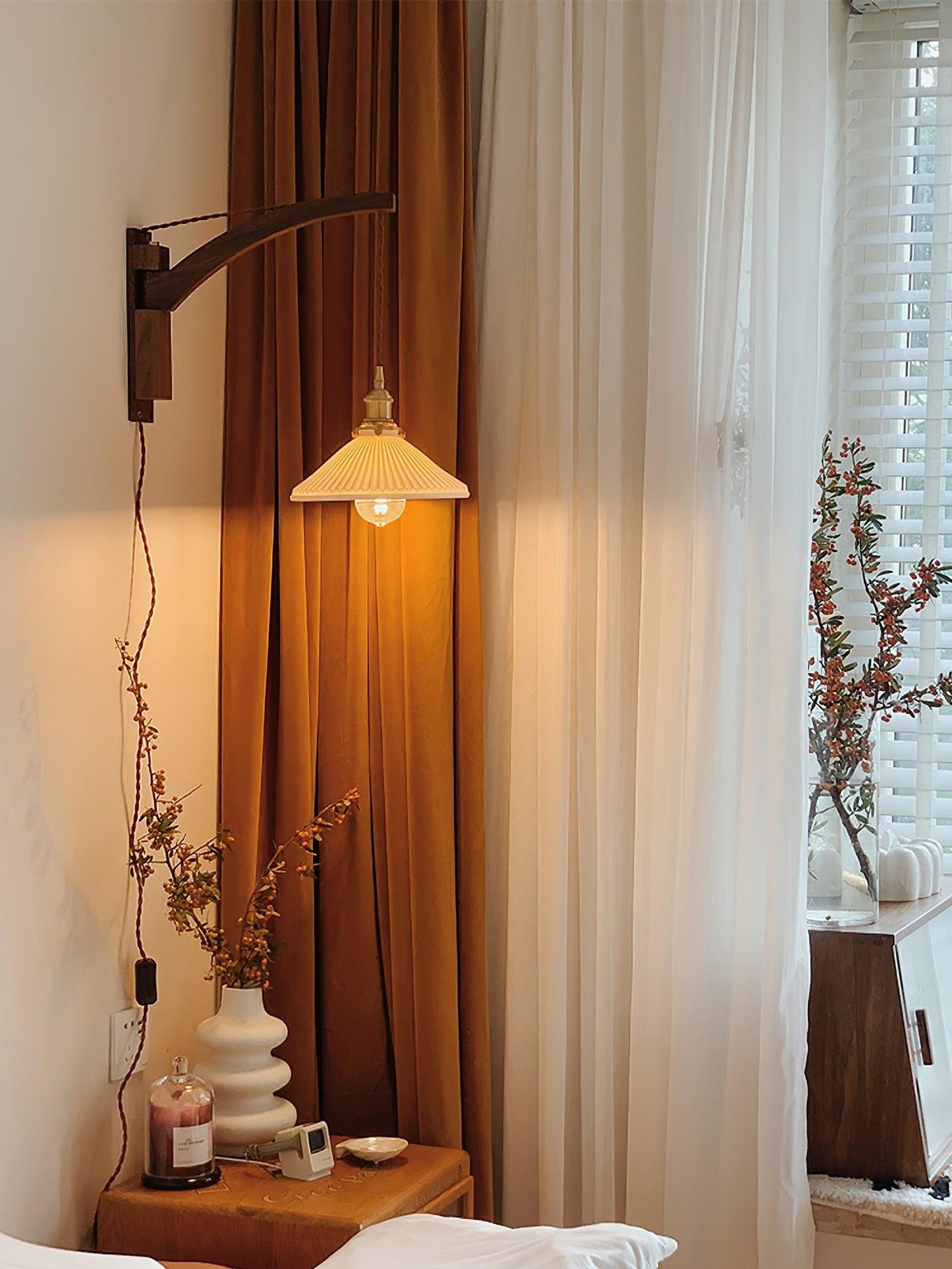 Walnut Swing Arm Wall Lamp - Adjustable Brightness, Vintage Design