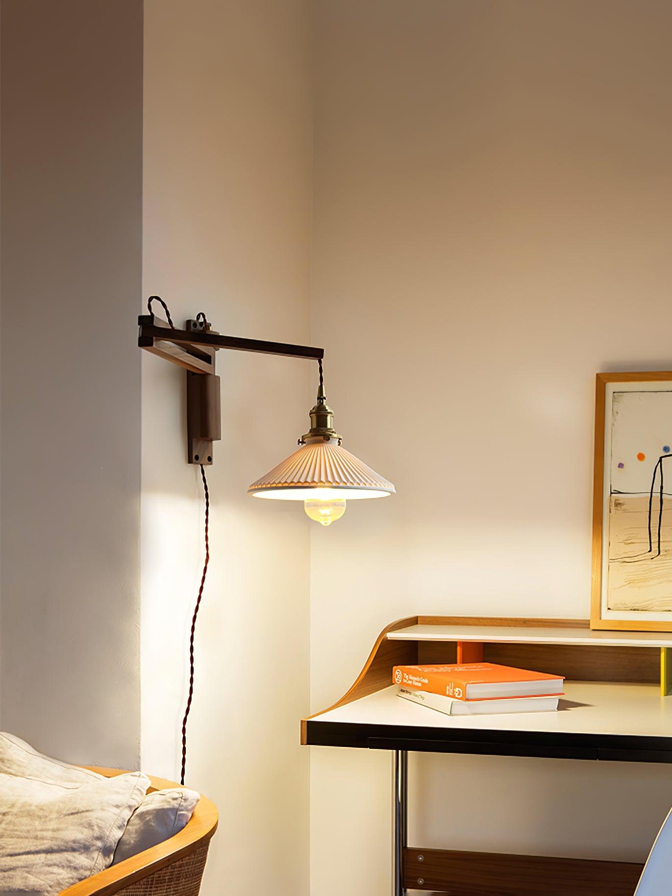 Walnut Swing Arm Wall Lamp - Adjustable Brightness, Vintage Design