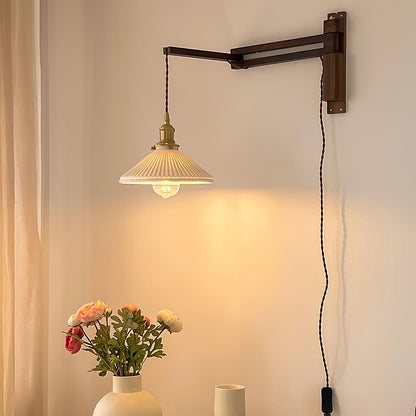 Walnut Swing Arm Wall Lamp - Adjustable Brightness, Vintage Design