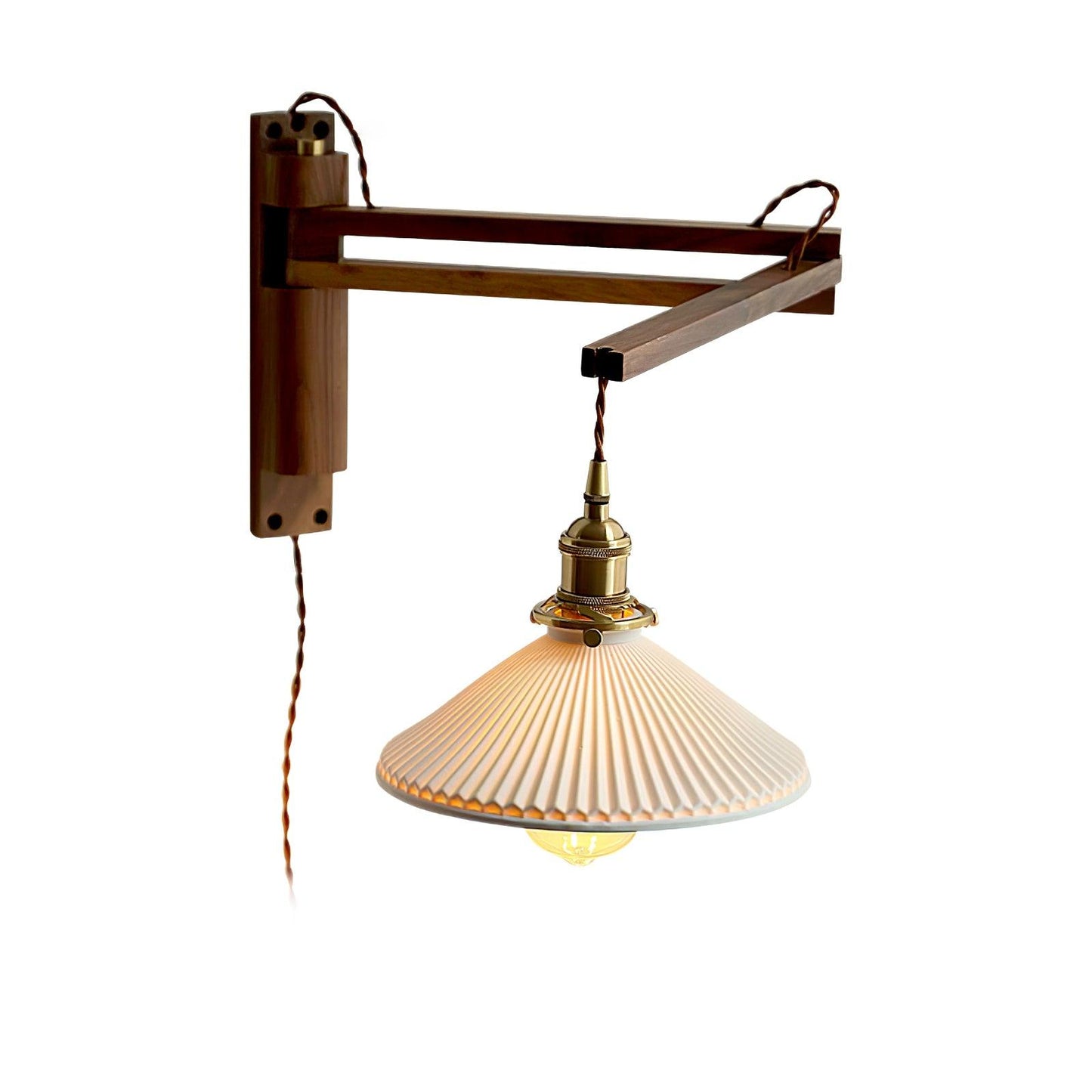 Walnut Swing Arm Wall Lamp - Adjustable Brightness, Vintage Design