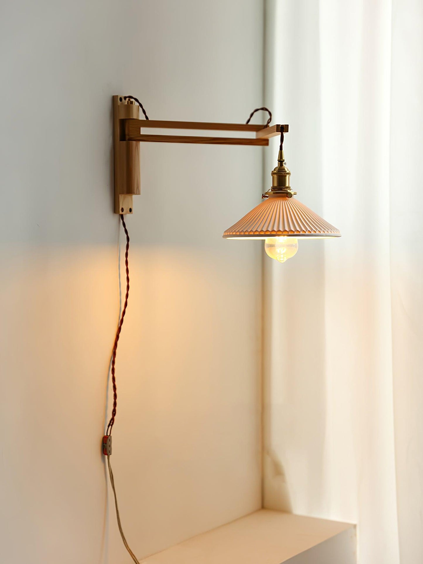 Walnut Swing Arm Wall Lamp - Adjustable Brightness, Vintage Design