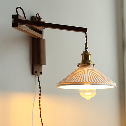 Walnut Swing Arm Wall Lamp - Adjustable Brightness, Vintage Design
