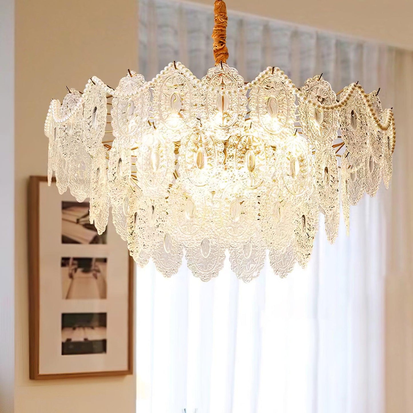 Elegant Wave Pearl Chandelier - Dimmable LED & Adjustable Height