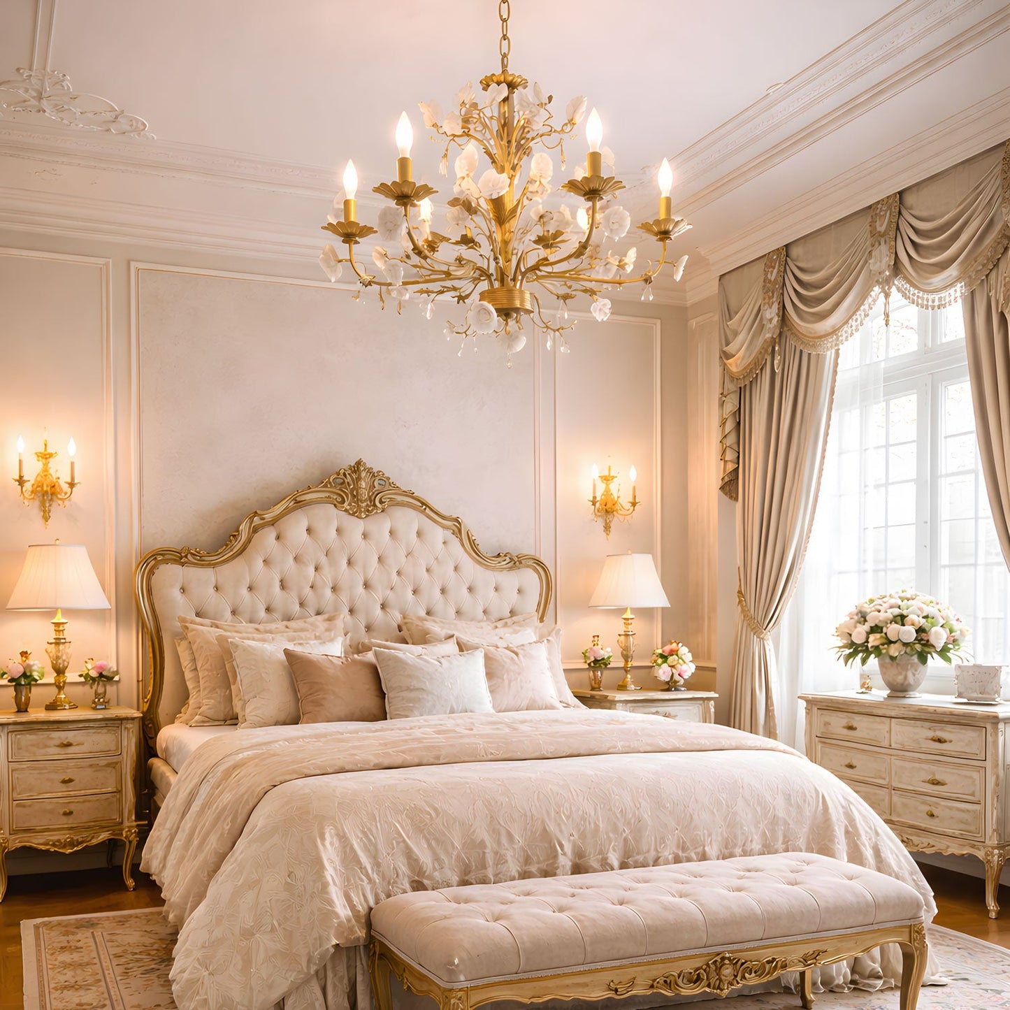 Elegant White Rose Crystal Chandelier with Adjustable Height & LED Com