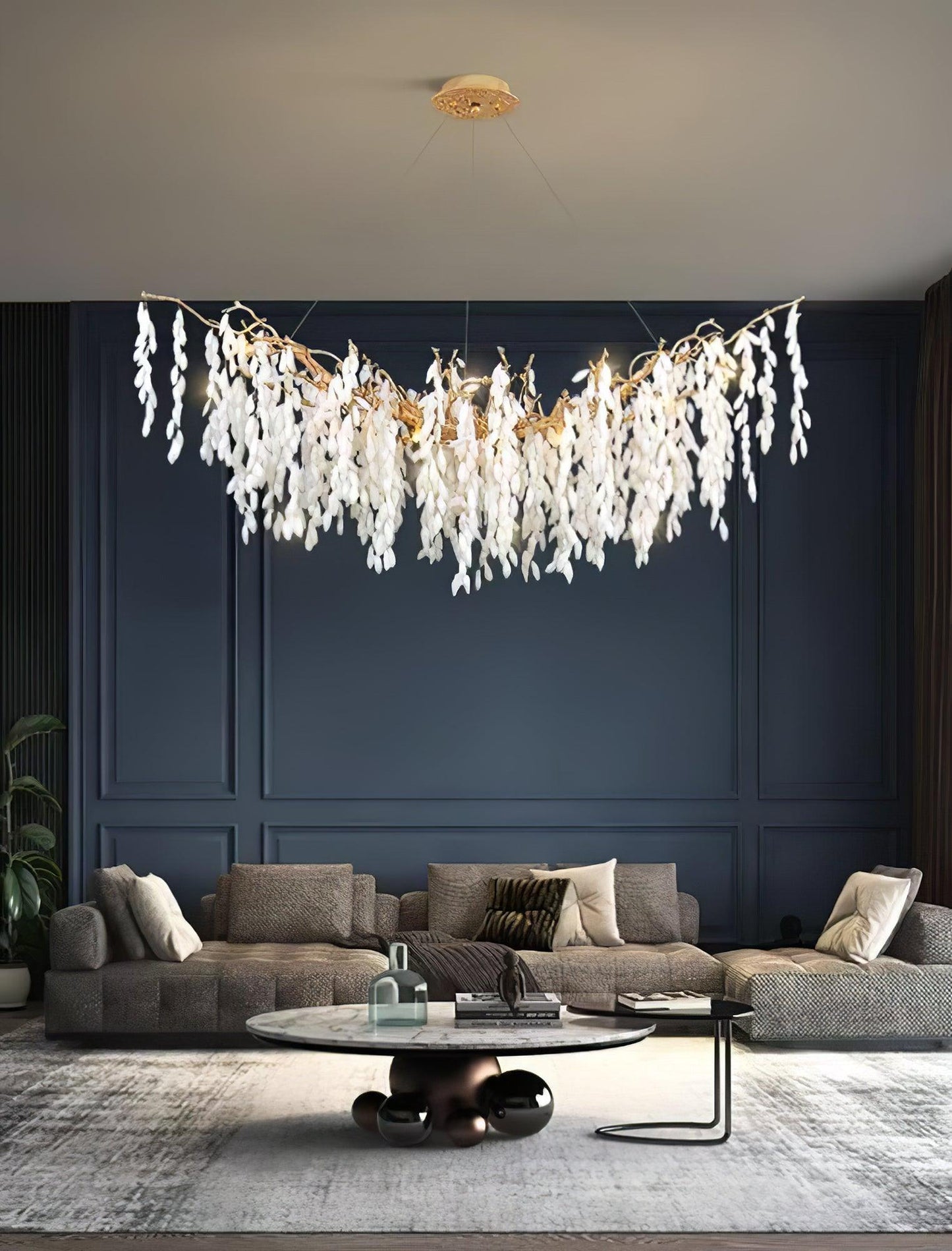 Elegant White Jade Branch Brass Chandelier with Adjustable Lighting