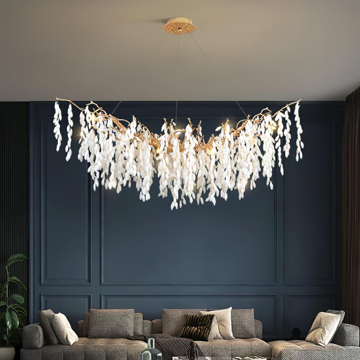 Elegant White Jade Branch Brass Chandelier with Adjustable Lighting